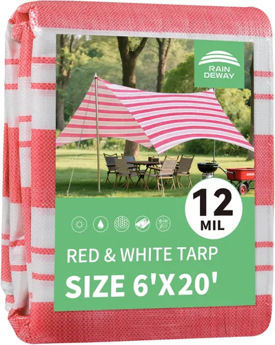 Vista 52 de RAINDEWAY Lonas de 4x8 pies, lona multiusos de poliéster a rayas de 12 mil, impermeable, con ojales y bordes reforzados, lonas rojas/blancas