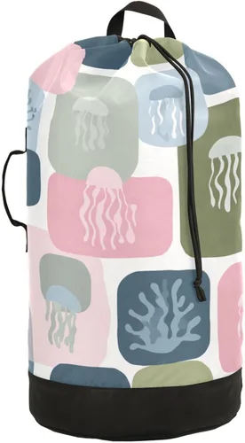 Vista 20 de Mochila de lavandería con hojas de estilo bohemio beige con correas ajustables para el hombro, bolsa de lavandería sucia para viajes, campamento