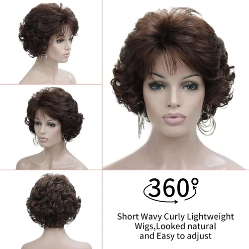 Vista 7 de Kalyss Peluca ondulada corta de 10 pulgadas con flequillo, 100% importada, pelucas de cabello sintético de alta calidad a la moda para mujeres