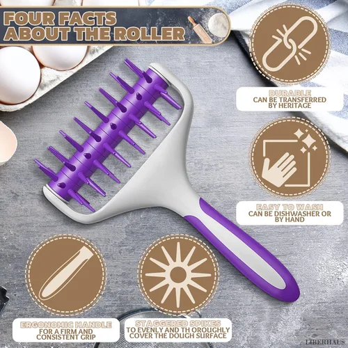 Vista 4 de Rodillo de plástico para pizza de 7.7 x 4.8 pulgadas para preparación uniforme de corteza, mango de agarre antideslizante y picos escalonados