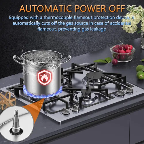 Vista 3 de Placa de cocina de gas de 24 pulgadas, estufa de gas integrada con 4 quemadores, cocinas convertibles NG/LPG, placa de cocina de propano de doble