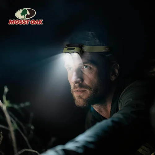 Vista 2 de Mossy Oak Linterna frontal recargable de 600 lúmenes, faro LED ligero con luz blanca y roja, lámpara frontal impermeable con banda antideslizante