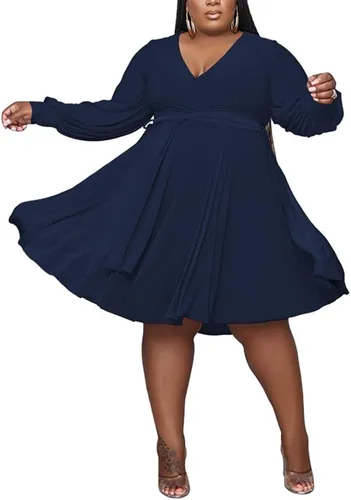 Ophestin Vestido midi con cuello en V y cinturón sexy de talla grande para mujer