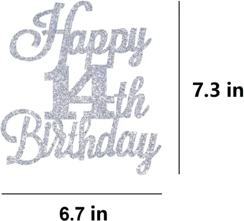 Vista 2 de Decoración para tartas de cumpleaños número 14 con purpurina plateada, decoración de cumpleaños de 14 años, decoración de cumpleaños de 14 años