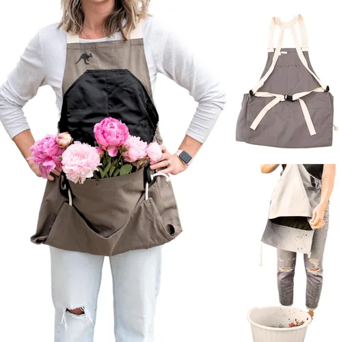 Vista 10 de Roo - Delantal de jardinería con bolsillos y cosecha, bolsa de recogida, ajustable, resistente al agua, lavable, lona de algodón