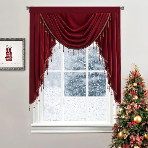 Vista 14 de StangH Cenefa de cortina de terciopelo grueso para ventana, cenefa de ventana de cascada gris con cuentas de lujo para sala de estar/cocina, 39