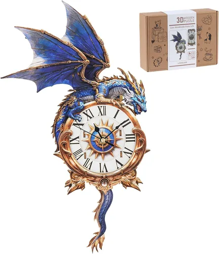 Rompecabezas de madera 3D para adultos, kit de modelo de reloj de dragón azul con péndulo, rompecabezas 3D para adultos, kit de reloj de pared DIY