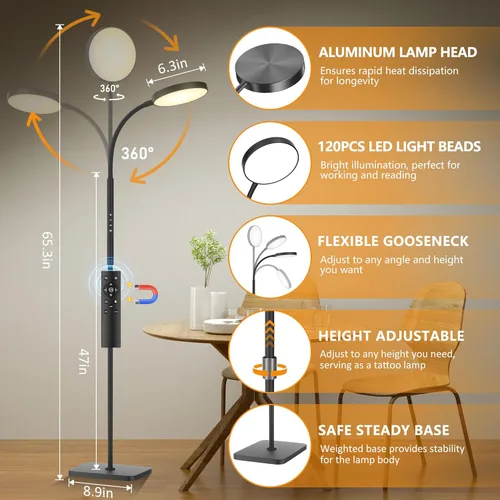Vista 6 de Lámpara de pie PACOVY, lámparas de pie ajustables de altura para sala de estar dormitorio, lámpara de pie regulable de cuello de ganso súper
