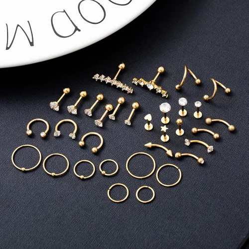 Vista 4 de REVOLIA - Juego de 32 pendientes de acero inoxidable para cartílago para mujer y niña concha hélice o tragus Daith