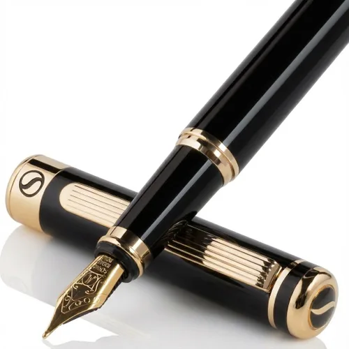 Scriveiner Pluma Estilográfica de Lujo - Impresionante Pluma de Laca Negra, Acabado de Oro Real, Plumín Dorado Schmidt (Mediano), Convertidor, Mejor