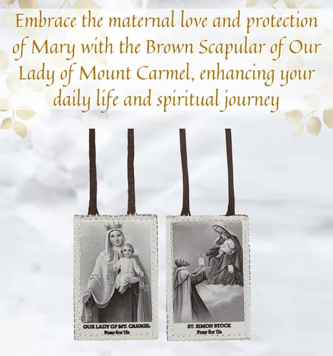Vista 2 de Escapulario marrón de Nuestra Señora del Monte Carmelo con Nuestra Señora del Monte Carmelo laminada tarjeta santa laminada, tarjeta de oración