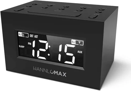 HANNLOMAX Radio despertador HX-111CR, radio PLL AM/FM, alarma dual, pantalla LED blanca, DST automático, conector auxiliar (negro)