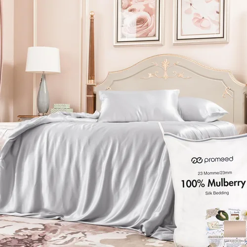Vista 12 de PROMEED Juego de funda de edredón 100% seda de morera, 3 piezas, tamaño Queen, juego de ropa de cama real de seda de grado 6A 23 momme con funda