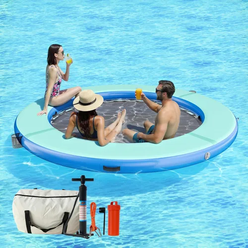 Vista 13 de SPECRAFT Hamaca inflable de agua de 12 pies, muelle flotante redondo con balsa inflable de malla, plataforma de anillo flotante con soporte