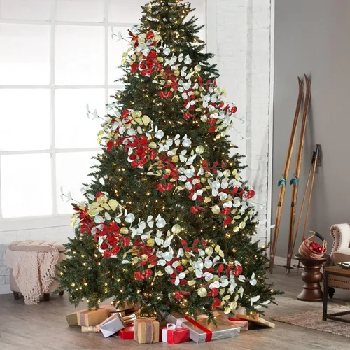 Vista 5 de Guirnalda de Navidad de 6 pies con hojas de eucalipto artificiales en rojo, oro y plata, guirnalda de follaje navideño para decoración de interiores