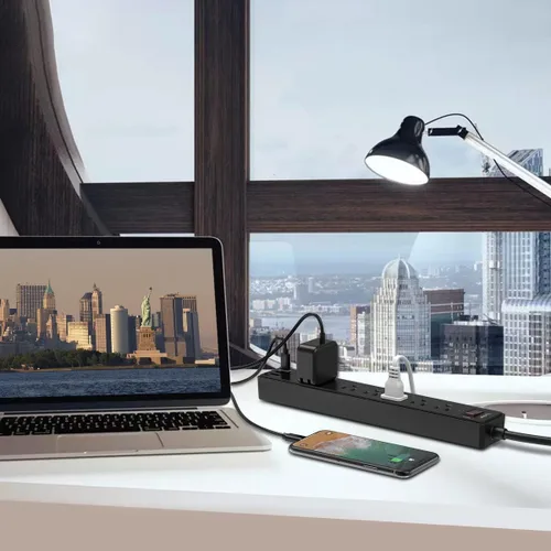 Vista 3 de Regleta protectora contra sobretensiones de 6 pies, cable de extensión Yintar con 6 salidas de CA y 3 puertos USB para el hogar, oficina, artículos