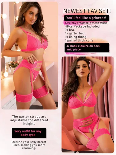 Vista 3 de popiv Lencería de liguero de 4 piezas para mujer, lencería sexy recortada, conjunto de lencería de malla a juego