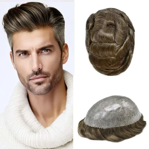 Vista 22 de Men's 8X10 All Poly Toupee Real Human Hair Replacement System, 0.1mm Thin Skin PU Injected Hairpiece, Scallop PU Front Natural Hairline #1 Jet