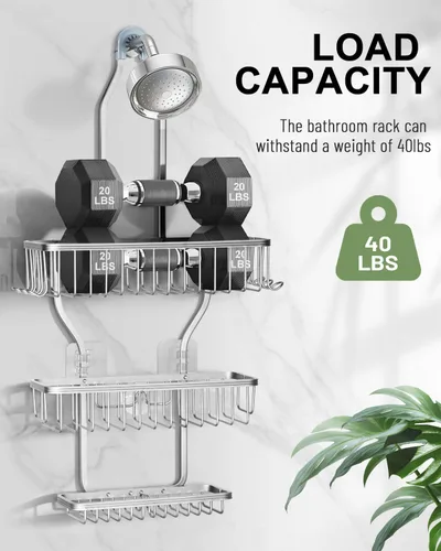 Vista 6 de Shower Caddy Hanging - Never Rust Shower Hanging Organizer - Aluminum Over the ShowerHead Caddy with 6 Hooks for Razor/Sponge (Silver)