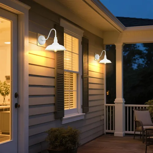 Vista 4 de Lámpara de granero de cuello de cisne para exteriores de 10 pulgadas de diámetro con montaje en pared, linterna de pared blanca impermeable