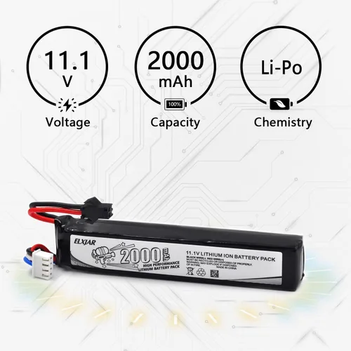 Vista 3 de elxjar Paquete de 2 baterías Lipo Airsoft de 11.1 V 2000 mAh con cargador de equilibrio USB para pistolas de Airsoft, rifles con conector 3S+SM-2P