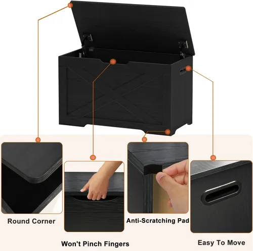 Vista 5 de Timberer Baúl de almacenamiento, banco de almacenamiento de madera, banco de zapatos de entrada con 2 bisagras de seguridad, para sala de estar