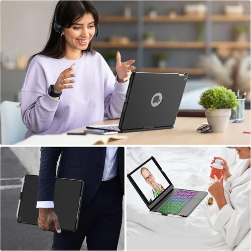 Vista 7 de aMZCaSE Funda para iPad de 9ª/8ª/7ª generación con teclado y soporte para bolígrafo, retroiluminación colorida, cubierta delgada giratoria de 360°
