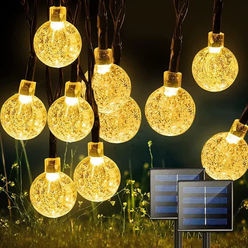 Vista 8 de Guirnalda de luces solares para exteriores, 100 luces LED de 40 pies de globo de cristal multicolor con 8 modos de iluminación, luces solares
