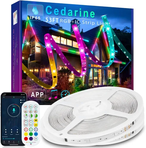 Vista 8 de Tira de luces LED continua RGB+IC de 53 pies para exteriores, impermeable, con control remoto RF y sincronización de música Bluetooth, cuerda