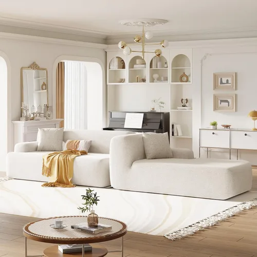 Vista 3 de Sofá modular moderno hecho de tela de felpilla resistente a las arrugas, sofá de combinación gratuita, sofá modular en forma de L para sala de beige