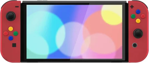 Vista 8 de eXtremeRate Vampire Red Soft Touch - Juego completo de carcasa para Nintendo Switch OLED, placa trasera de consola de repuesto y soporte de metal