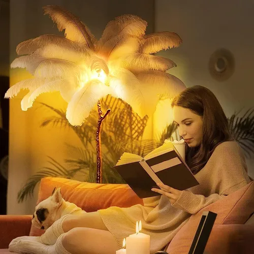 Vista 7 de Lámpara de plumas de avestruz, lámpara de plumas de resina con plumas de avestruz naturales (contiene fuentes de luz) tiene interruptor de pie