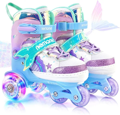 Vista 14 de NEMONE - Patines de sirena con ruedas iluminadas y 4 tamaños ajustables para niñas, azul y morado, para niños pequeños, para principiantes