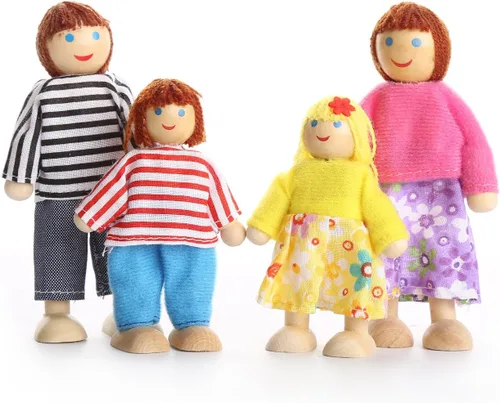 Vista 2 de Juego de 7 figuras de madera con perro para niños, casa de muñecas, regalo de simulación