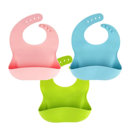 Paquete de 3 baberos de silicona para bebés y niños pequeños (6 a 72 meses), impermeable, sin BPA, verde rosa y azul, fácil de limpiar