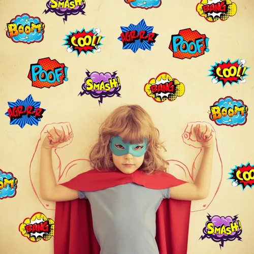 Vista 5 de Blulu 30 piezas de decoración de fiesta temática de héroe, letreros de recortes de papel de cartón