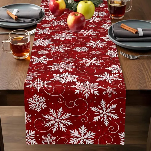 Vista 9 de Camino de mesa de copos de nieve rojos de 36 pulgadas de largo para decoración de mesa de comedor, camino de mesa de lino de algodón lavable, camino
