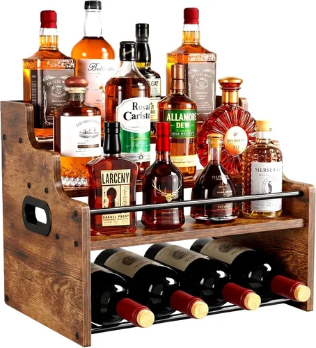 Estante de exhibición de madera de 4 niveles para 16 botellas, organizador de jarabe de café de madera con asas, estante para whisky para el hogar