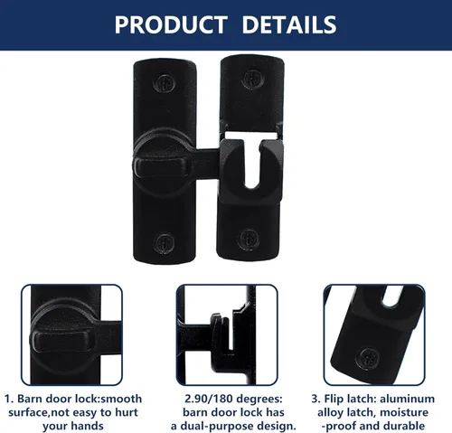 Vista 3 de Cerradura de puerta abatible de granero, color negro, resistente 90/180, pestillo de puerta abatible para puerta izquierda y derecha, para armarios