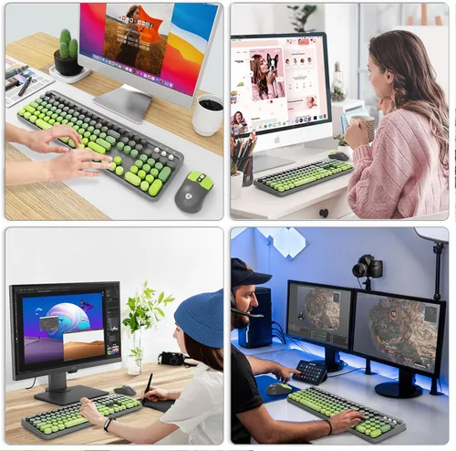 Vista 7 de Combo de teclado y mouse inalámbricos FD Lindo teclado y mouse colorido con teclado retro inalámbrico de 2.4GHz estilo máquina de escribir