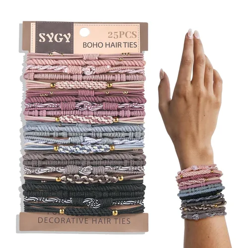 Vista 13 de SYGY 10 piezas de gomas de pelo estilo boho, pulseras para cabello grueso y fino, 5 estilos sin daños, colores café oscuro