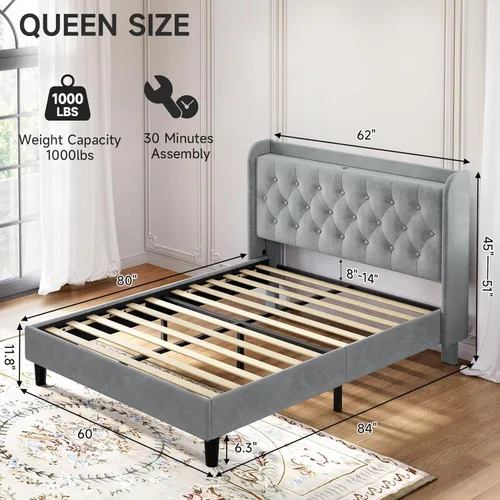 Vista 2 de koorlian Base de cama Queen con cabecero, marco de cama tapizado de terciopelo ajustable con puertos tipo C y USB, cabecera de almacenamiento
