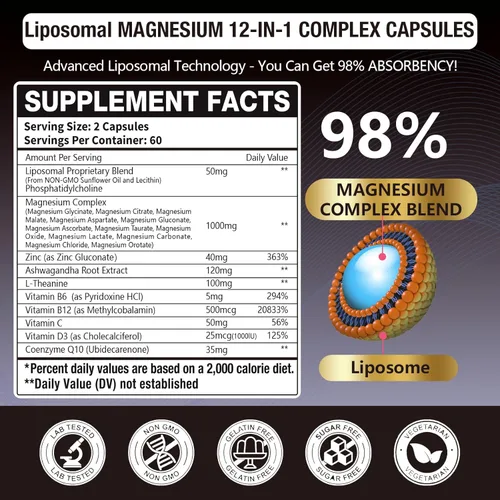 Vista 2 de Complejo de magnesio liposomal 21 en 1 de 1400 mg (citrato, glicinato, malato, etc.) en cápsulas - 12 tipos activos de magnesio con vitamina D3, B6