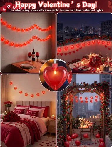 Vista 3 de Guirnalda de luces de corazón de 8.5 pies, luces de decoración del día de San Valentín con 10 luces de corazón rojas, tira de luces