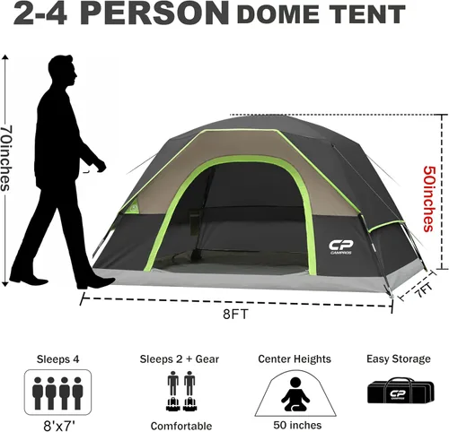 Vista 2 de CAMPROS CP Camping Tent 2/4/6 Person, Waterproof Windproof Double Layer Dome Tent, Easy Setup with Large Mesh Windows & Wide Door for Outdoor