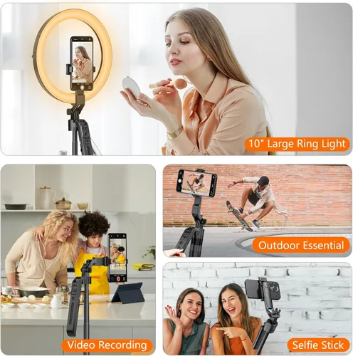 Vista 4 de Trípode Autoseguidor Facial con Palo Selfie para iPhone con Luz de Anillo de 10" Manos Libres Ajustable 360° de 70.9 Pulgadas Soporte para Teléfono
