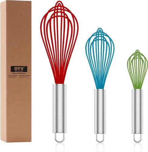Vista 19 de OYV Batidor de silicona verde azulado, batidor profesional de silicona para cocinar sin arañazos, acero inoxidable y silicona Wisk, herramienta