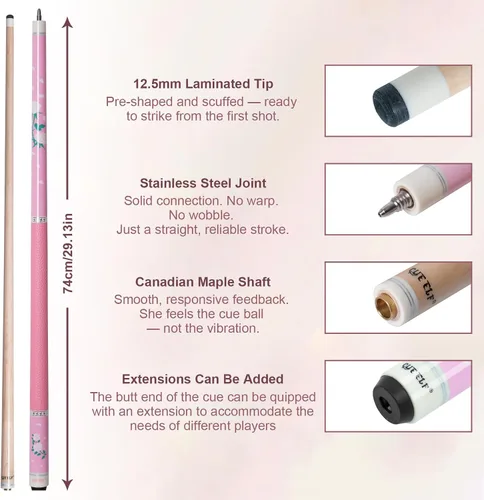 Vista 3 de CUEELF Palo de Billar Rosa de 58 Pulgadas con Mango de Arce Canadiense Palos de Billar Profesionales Regalos para Mujeres y Damas