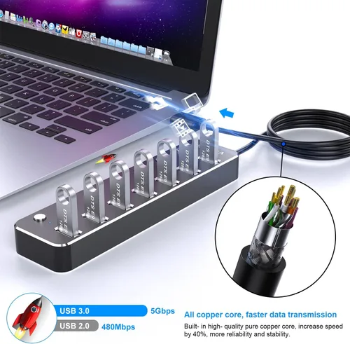 Vista 3 de Concentrador USB, concentrador USB 3.0 de 7 puertos VKUSRA con cable largo USB de 4 pies y concentrador USB 3.0 de aluminio con interruptor