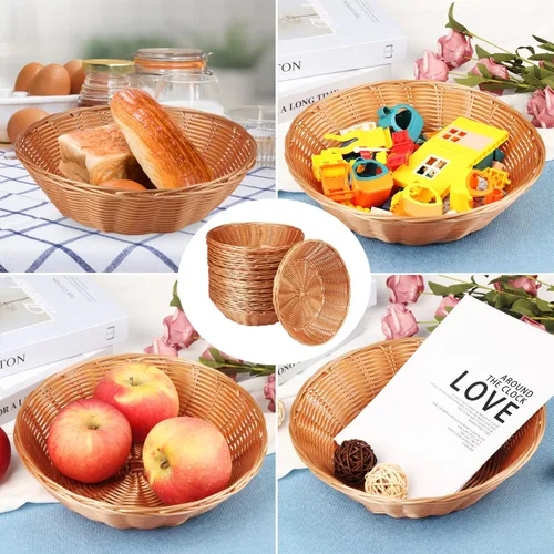 Vista 6 de GNIEMCKIN Paquete de 12 cestas redondas de mimbre sintético, diámetro 9.5 pulgadas, marrón, plástico, polipropileno